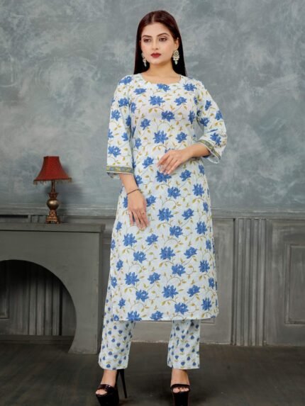 Blue Straight Cotton Kurti Set